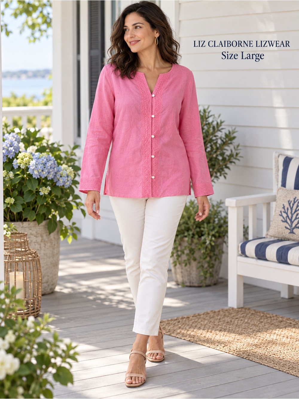 Liz Claiborne Lizwear Pink 100% Linen Button Front Blouse Large
